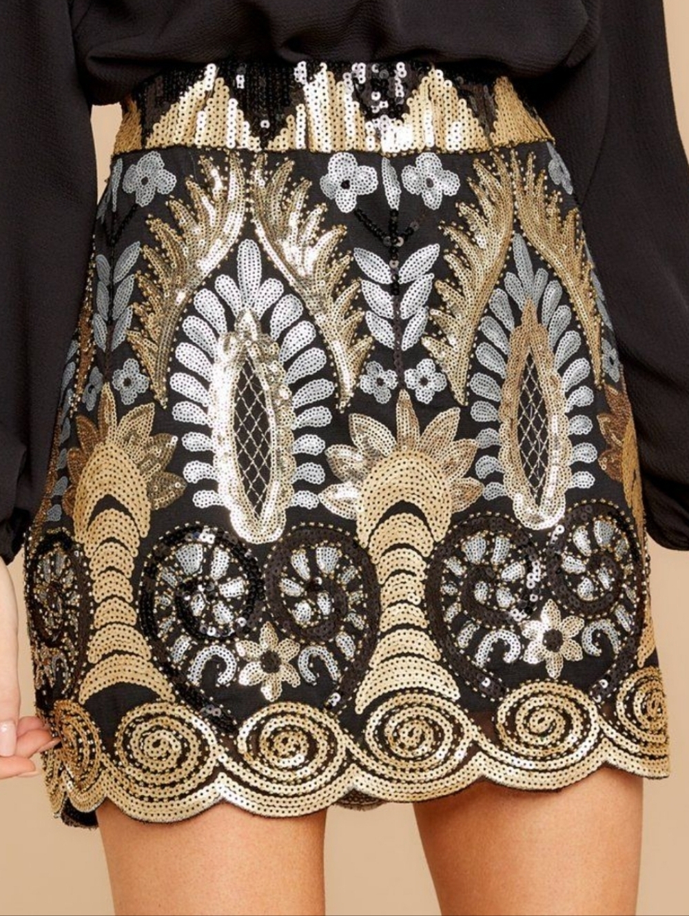 Vici Black Mini Skirt with Gold & Silver Sequin Embroidery